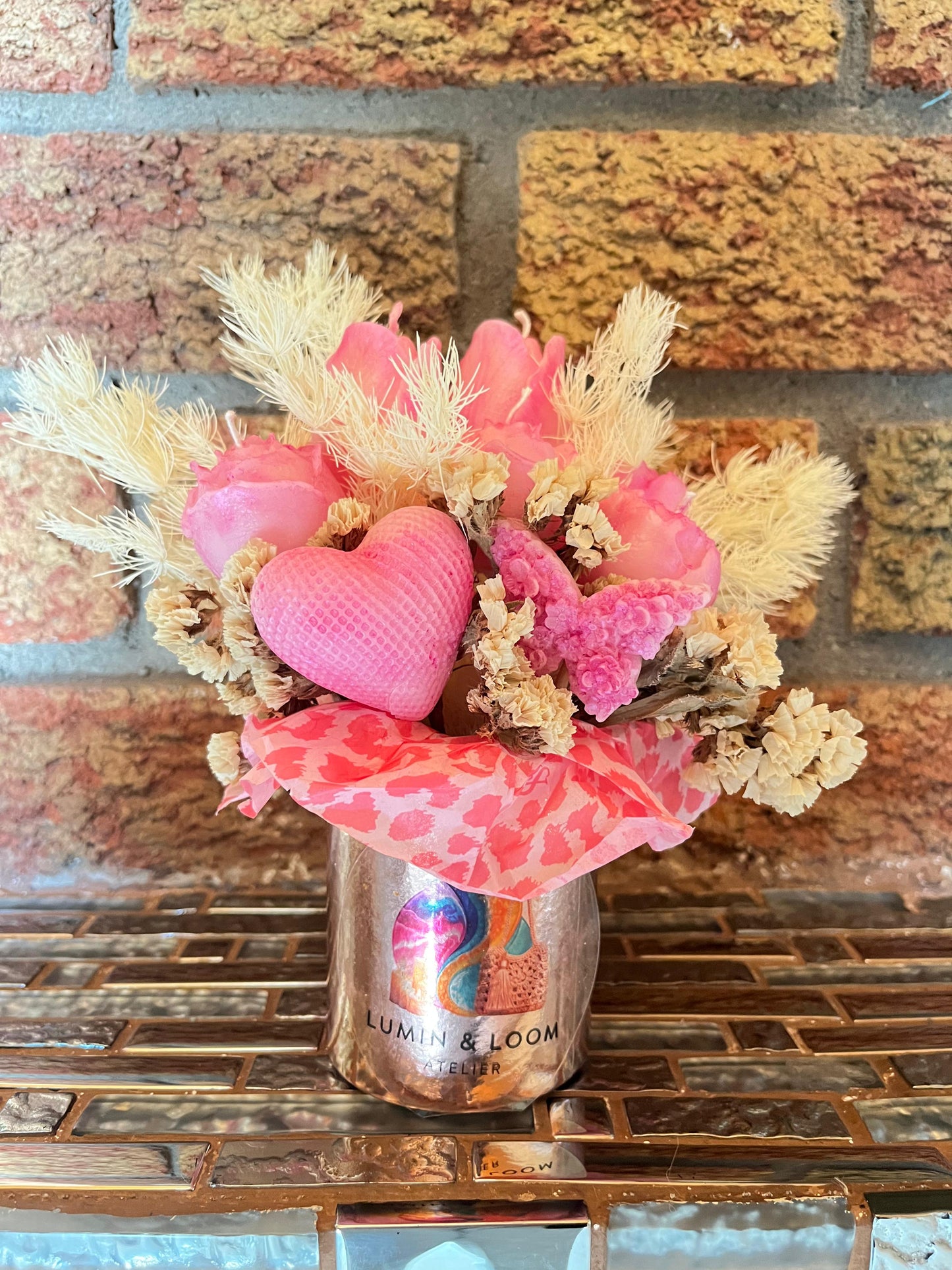 Pink Heart and Butterfly Floral Candle Bouquet